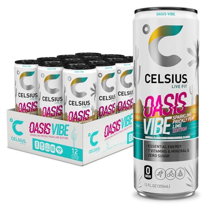 CELSIUS OASIS VIBE Sparkling Prickly Pear Lime, Sugar Free Energy Drink, 12 Fl Oz (Pack of 12) - Image 1