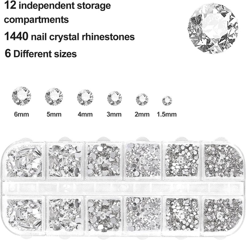 sularpek 1440 Pcs Rhinestones, Nail Gems, Flat Back Gems, Crystal Nail Art Rhinestones, with Pick Up Tweezers and Rhinestone Picker Dotting Pen, Nail Art Tools for Crafts Nail and Face - Image 3