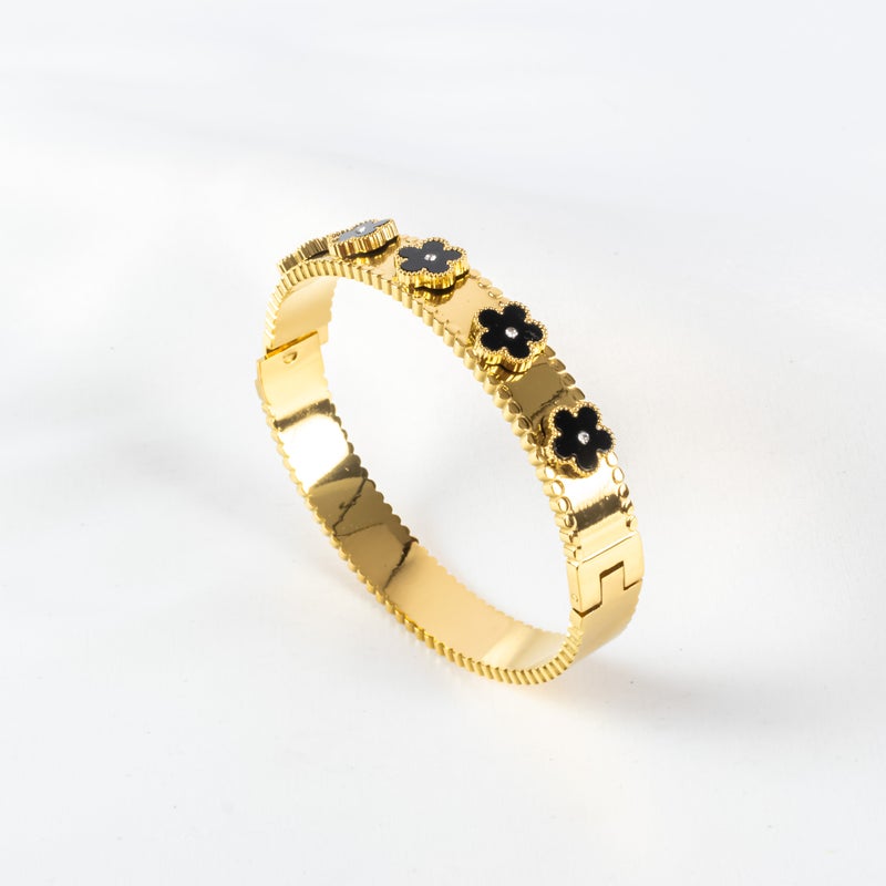 The Black Pearl Accessories Black Zirconic Golden Stainless Steel Flower Bangale Bracelet - Image 1