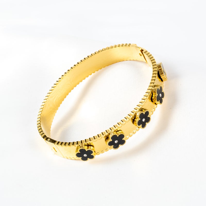 The Black Pearl Accessories Black Zirconic Golden Stainless Steel Flower Bangale Bracelet - Image 2