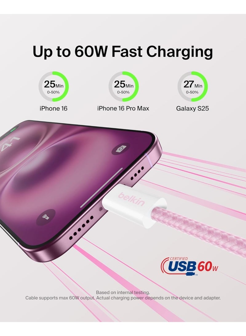 بيلكين كابل USB-C إلى USB-C مضفر 2-pack بطول 5 أقدام، 60 واط - كابل شحن سريع ناعم ومرن، سلك شاحن نوع C لجهاز iPhone 17 و 16، Galaxy S25، Pixel 10، iPad Pro، والمزيد - - Image 2