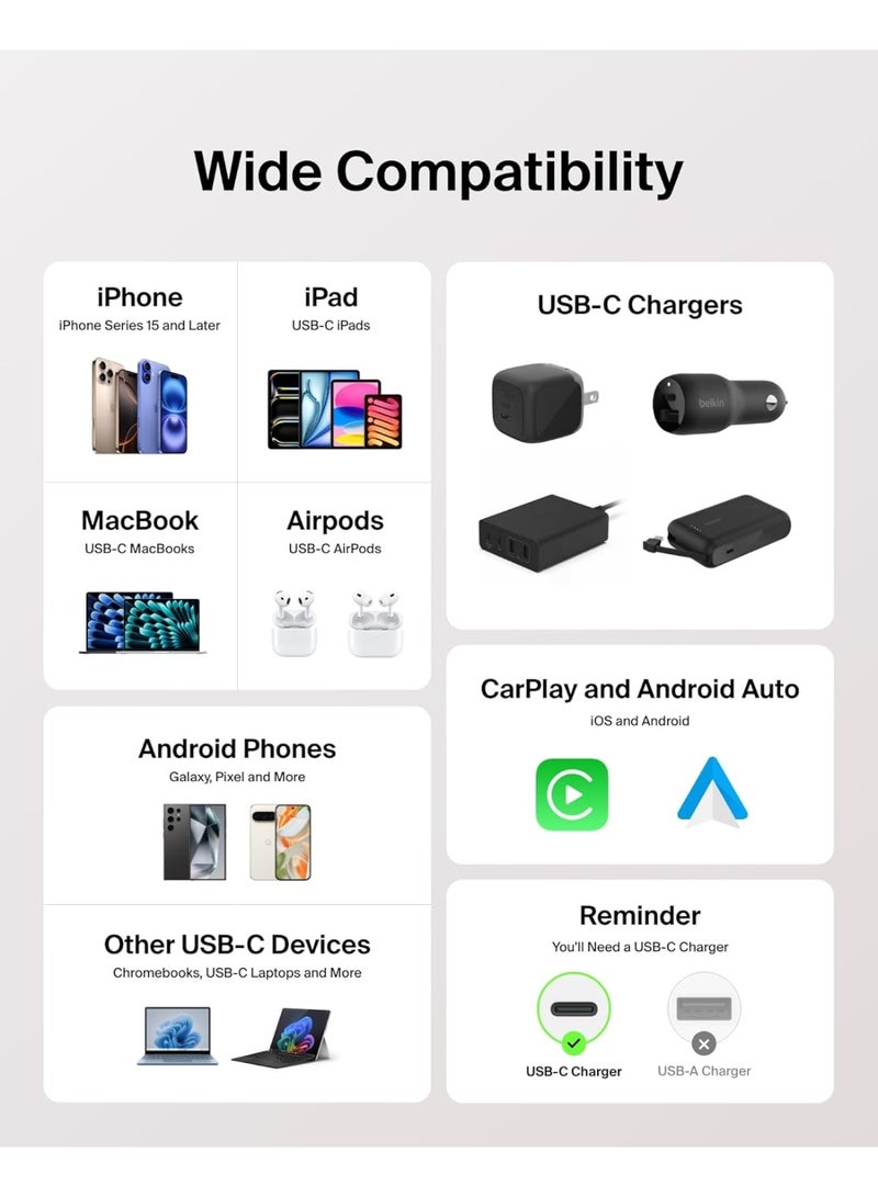 بيلكين كابل USB-C إلى USB-C مضفر 2-pack بطول 5 أقدام، 60 واط - كابل شحن سريع ناعم ومرن، سلك شاحن نوع C لجهاز iPhone 17 و 16، Galaxy S25، Pixel 10، iPad Pro، والمزيد - - Image 5
