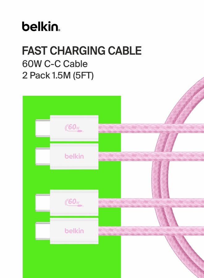 بيلكين كابل USB-C إلى USB-C مضفر 2-pack بطول 5 أقدام، 60 واط - كابل شحن سريع ناعم ومرن، سلك شاحن نوع C لجهاز iPhone 17 و 16، Galaxy S25، Pixel 10، iPad Pro، والمزيد - - Image 1