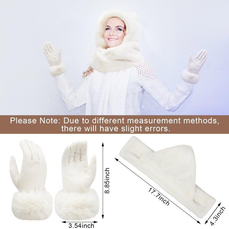Chuarry 2 Pcs Women's Faux Fur Infinity Scarf and Winter Gloves Set Include Soft Hooded Scarf Touchscreen Fur Gloves(White) - Image 2
