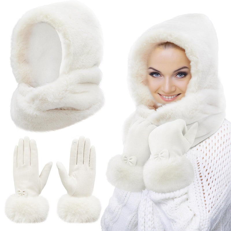 Chuarry 2 Pcs Women's Faux Fur Infinity Scarf and Winter Gloves Set Include Soft Hooded Scarf Touchscreen Fur Gloves(White) - Image 1