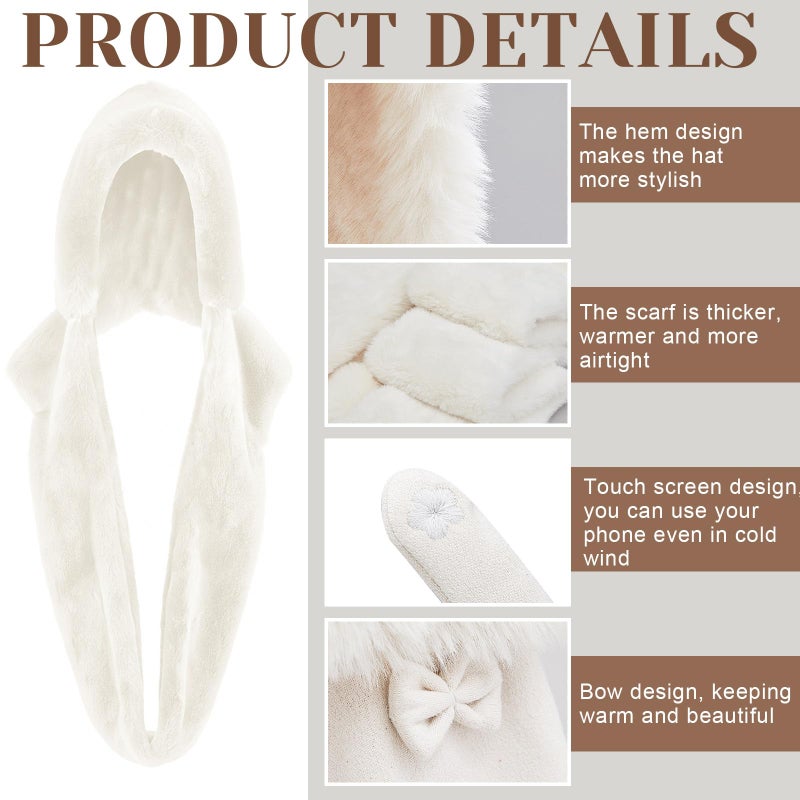 Chuarry 2 Pcs Women's Faux Fur Infinity Scarf and Winter Gloves Set Include Soft Hooded Scarf Touchscreen Fur Gloves(White) - Image 3
