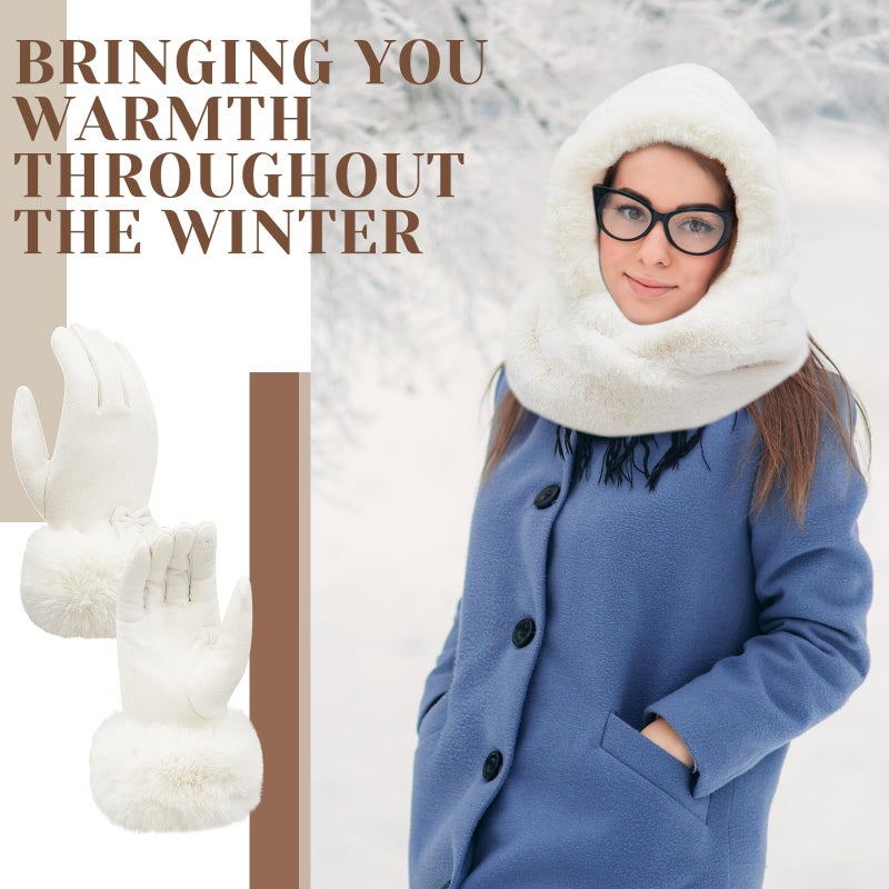 Chuarry 2 Pcs Women's Faux Fur Infinity Scarf and Winter Gloves Set Include Soft Hooded Scarf Touchscreen Fur Gloves(White) - Image 5
