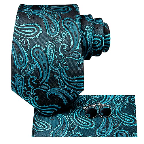 Hi-Tie Silk Paisley Ties for Men Necktie Pocket Square Cufflinks Set Foral Tie Sets Formal Business,Teal - Image 2
