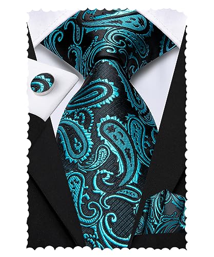 Hi-Tie Silk Paisley Ties for Men Necktie Pocket Square Cufflinks Set Foral Tie Sets Formal Business,Teal - Image 1