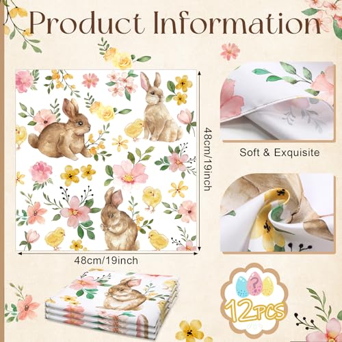 Maxdot 12 Pcs Easter Cloth Napkins 19 x 19 Inch Bunny Rabbit Napkins Spring Flower Happy Easter Party Decoration Dinner Washable Fabric Napkins Gifts (Classic) - Image 2