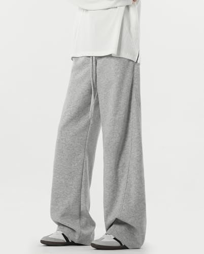 HBER Men's Baggy Sweatpants Elastic Waist Drawstring Wide Leg Lounge Track Pants Casual Loose Joggers with Pockets Light Grey - Image 3