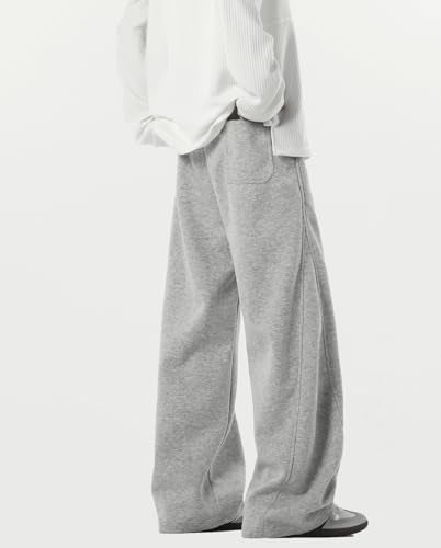 HBER Men's Baggy Sweatpants Elastic Waist Drawstring Wide Leg Lounge Track Pants Casual Loose Joggers with Pockets Light Grey - Image 2