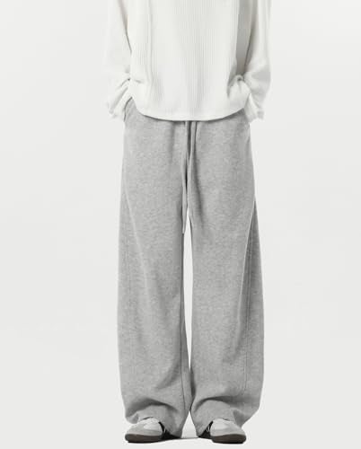 HBER Men's Baggy Sweatpants Elastic Waist Drawstring Wide Leg Lounge Track Pants Casual Loose Joggers with Pockets Light Grey - Image 4