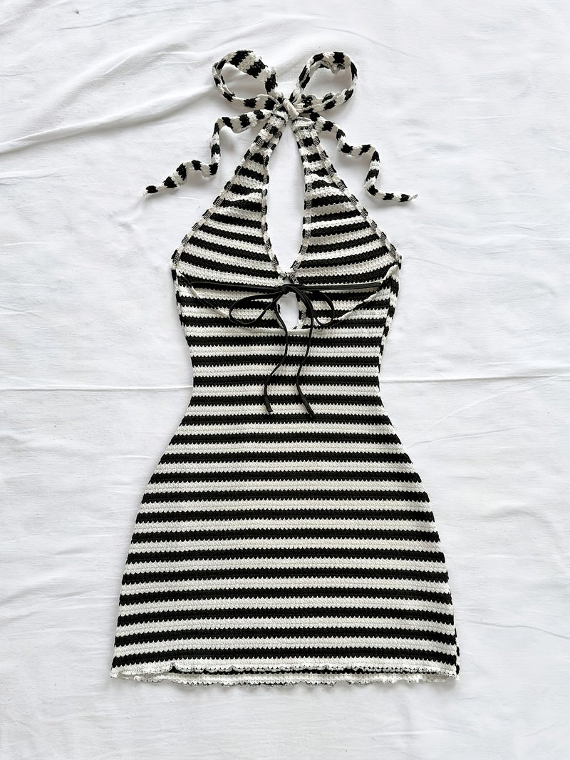 Fashion Striped Backless Mini Beach Dress, Summer Dress, Backless Vacation Dress, Summer Backless Dress, Halter Neck Dress, Bohemian Summer Dress, Party Dress - Image 3