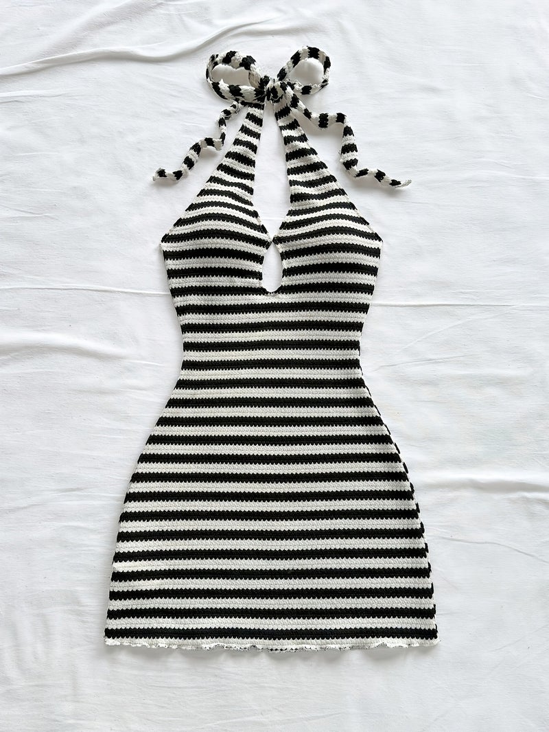 Fashion Striped Backless Mini Beach Dress, Summer Dress, Backless Vacation Dress, Summer Backless Dress, Halter Neck Dress, Bohemian Summer Dress, Party Dress - Image 2