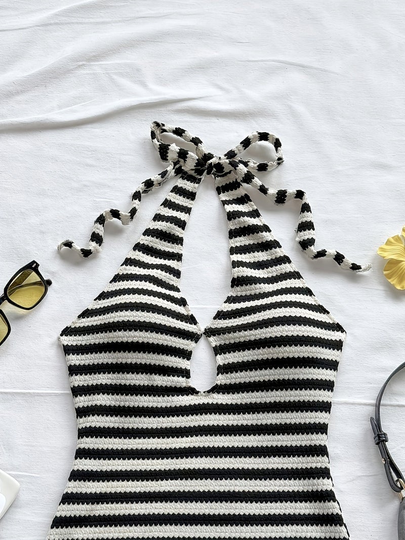 Fashion Striped Backless Mini Beach Dress, Summer Dress, Backless Vacation Dress, Summer Backless Dress, Halter Neck Dress, Bohemian Summer Dress, Party Dress - Image 5