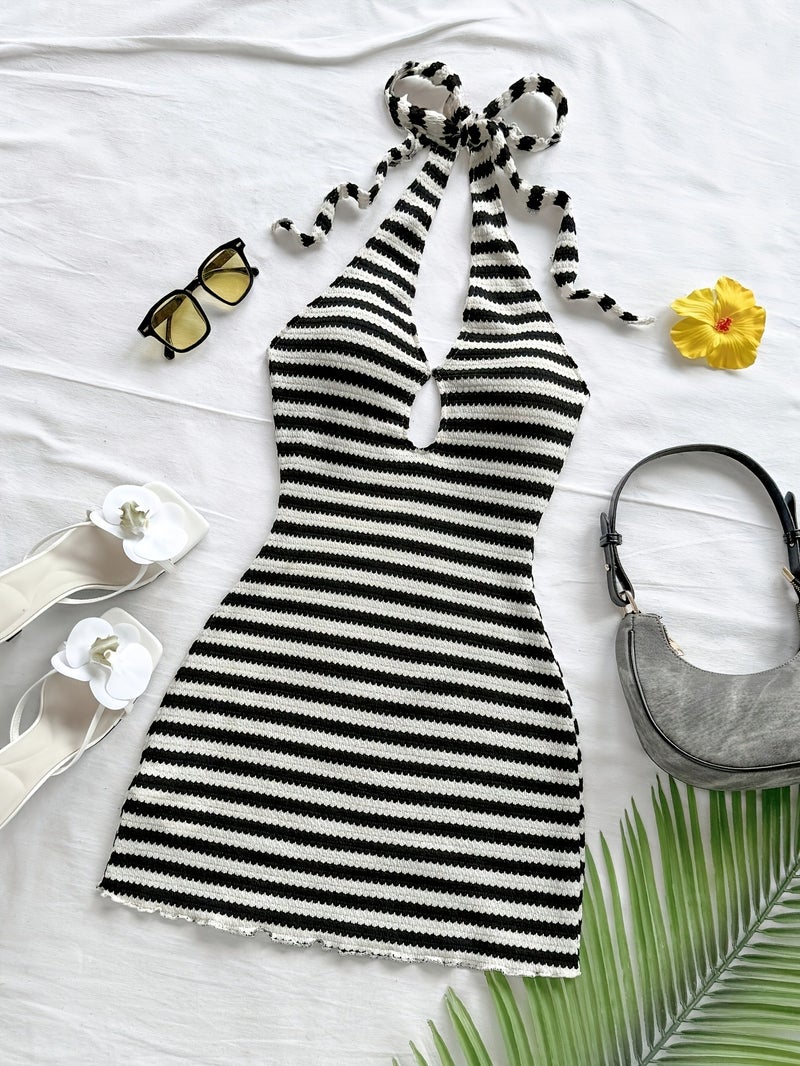 Fashion Striped Backless Mini Beach Dress, Summer Dress, Backless Vacation Dress, Summer Backless Dress, Halter Neck Dress, Bohemian Summer Dress, Party Dress - Image 4