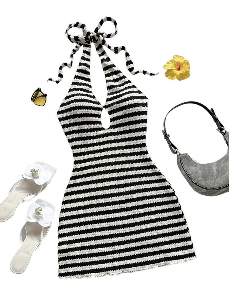 Fashion Striped Backless Mini Beach Dress, Summer Dress, Backless Vacation Dress, Summer Backless Dress, Halter Neck Dress, Bohemian Summer Dress, Party Dress - Image 1