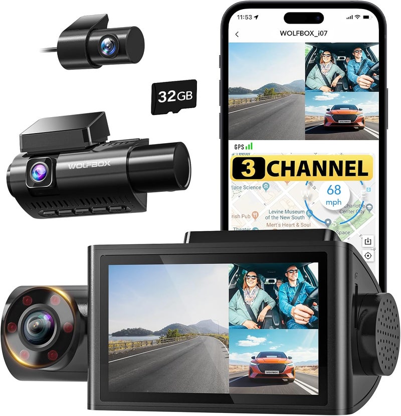 WOLFBOX i07 3 Channel Dash Cam with WiFi GPS, 4K Front and Inside, Super IR Night Vision - Image 1