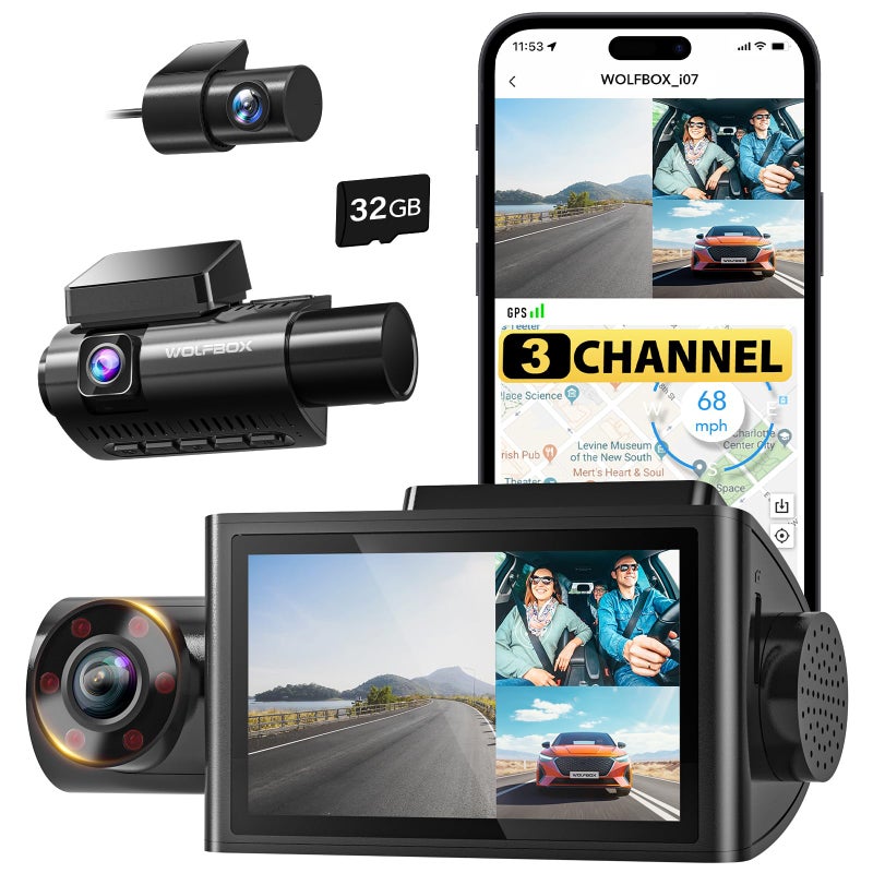 WOLFBOX كاميرا داش وولف بوكس i07 3 قنوات مع واي فاي ونظام تحديد المواقع GPS، 4K أمامية وداخلية، رؤية ليلية فائقة بالأشعة تحت الحمراء - Image 2