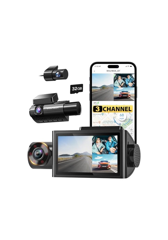 WOLFBOX كاميرا داش وولف بوكس i07 3 قنوات مع واي فاي ونظام تحديد المواقع GPS، 4K أمامية وداخلية، رؤية ليلية فائقة بالأشعة تحت الحمراء - Image 1