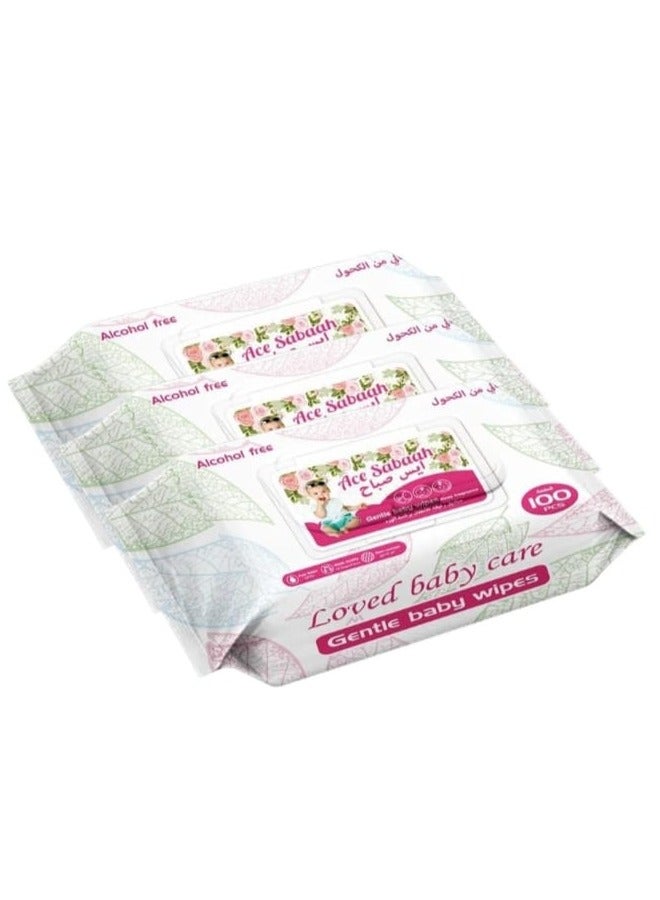 Ace Sabaah Baby Wet Wipes Mild Rose Scent 3 x 100 Wipes - Image 1