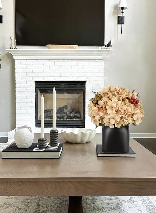 Briful Autumn Hydrangea Artificial Flowers in Black Square Ceramic Pot, Beige Silk Hydrangea Flowers Realistic Potted Fake Flowers with Berries for Home Decor Indoor Wedding Table Centerpieces - Image 5