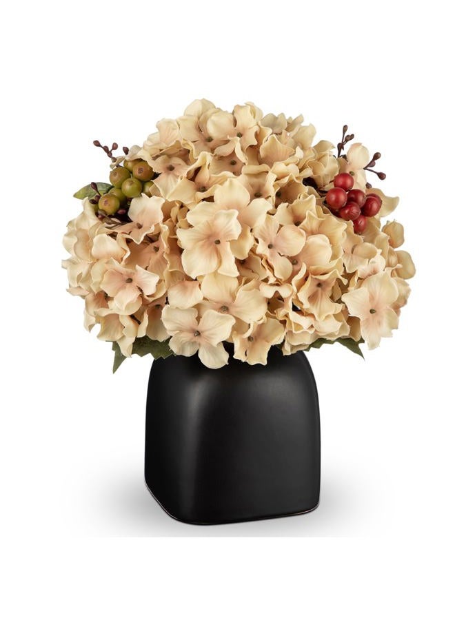 Briful Autumn Hydrangea Artificial Flowers in Black Square Ceramic Pot, Beige Silk Hydrangea Flowers Realistic Potted Fake Flowers with Berries for Home Decor Indoor Wedding Table Centerpieces - Image 1