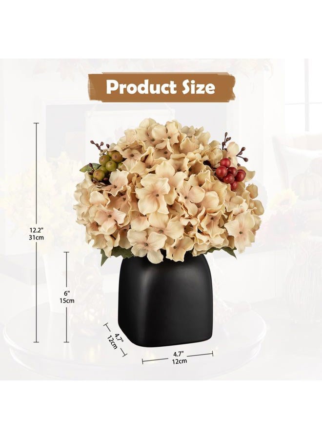 Briful Autumn Hydrangea Artificial Flowers in Black Square Ceramic Pot, Beige Silk Hydrangea Flowers Realistic Potted Fake Flowers with Berries for Home Decor Indoor Wedding Table Centerpieces - Image 2