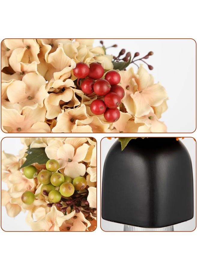 Briful Autumn Hydrangea Artificial Flowers in Black Square Ceramic Pot, Beige Silk Hydrangea Flowers Realistic Potted Fake Flowers with Berries for Home Decor Indoor Wedding Table Centerpieces - Image 3
