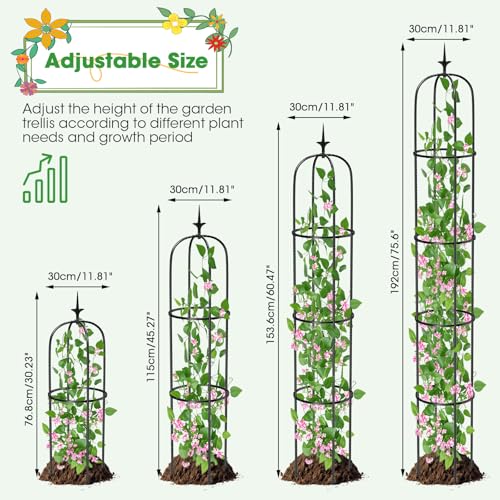 MQUPIN Tower Obelisk Garden Trellis for Climbing Plant，6.3FT/75.6" Rustproof Metal Potted Plant Climbing Support for Indoor Outdoor Flowers Vegetable Fruits Vines Support (1PCS) - Image 3