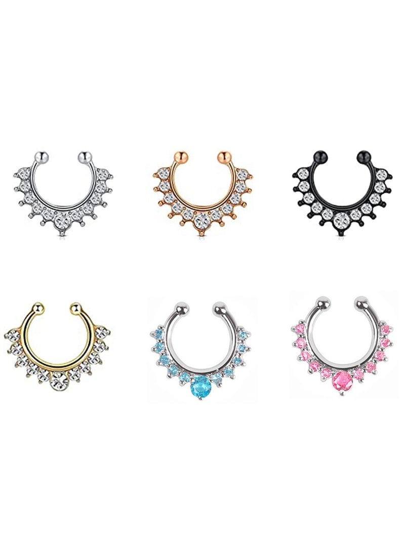 6Pcs Fake Septum Nose Hoop Rings Stainless Steel Faux Lip Ear Nose Septum Segment Ring Non Piercing Clip On Nose Hoop Earrings Body Piercing Jewelry 6PCS for Women and Men 8MM 10MM  - Image 1