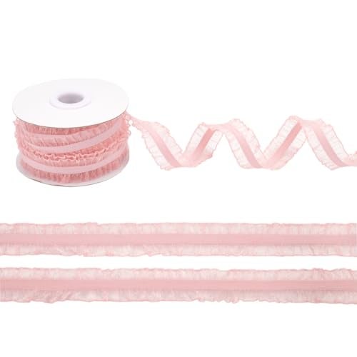FINGERINSPIRE 10 Yards Double Ruffle Lace Trim Pink 34 inch Wide Ruffle Stretch Elastic Edging Trim Pleated Fabric Lace Ribbon for DIY Dress Headwear Decoration and Gift Wrapping - Image 1