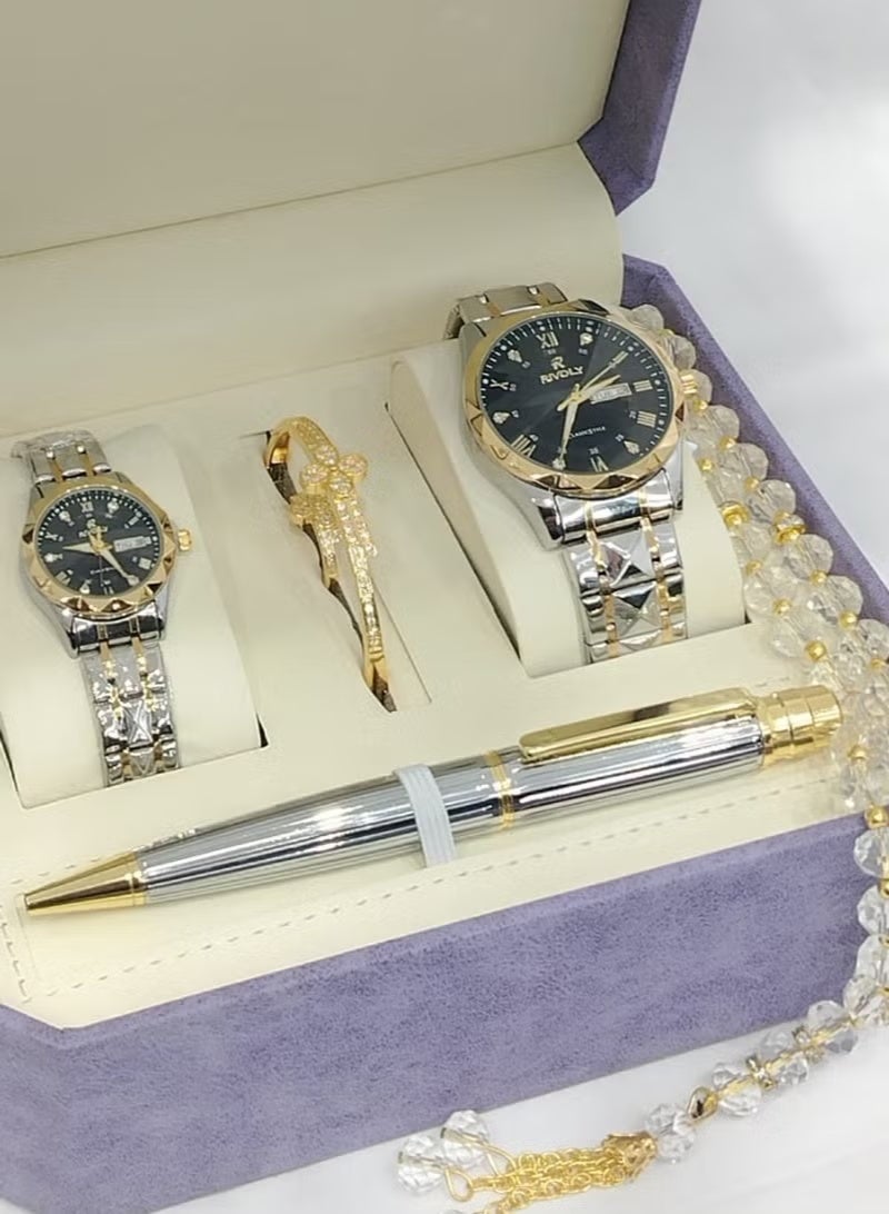 Watch set consisting of a men's watch, a women's watch, a pen, a bracelet, and a ring.