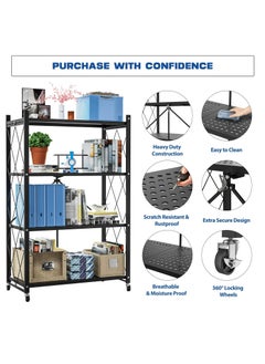 RollsTimi  4-Tier Foldable Storage Shelf with Wheels,Rolling Cart for Books Kitchen Storage Shelves, Pantry & Closet Organizer, Office Room Decor,Black  - Image 3