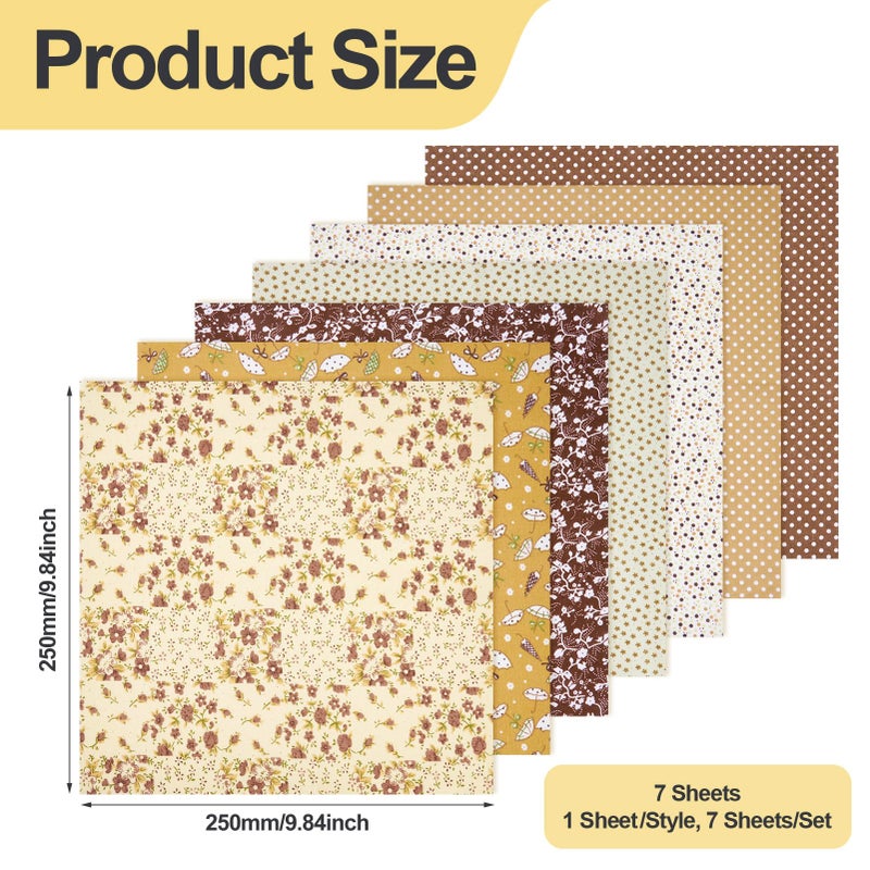 Craftdady 7 Sheets Brown Cotton Fabric for Patchwork Squares Flower Craft Fabric Pre-Cut Multicolor Design Sewing Floral 250 mm for DIY Sewing Scrapbooking Quilting Craft Patchwork - Image 4