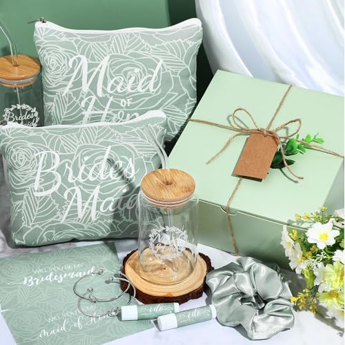 FillTouch 54 Pcs Bridesmaid Proposal Gifts, Maid of Honor Gift Include Wedding Gift Box Makeup Bag Invited Card Glass Cup Lip Balm Scrunchie Bracelet for Bridal Shower Bachelorette Party(Green) - Image 5