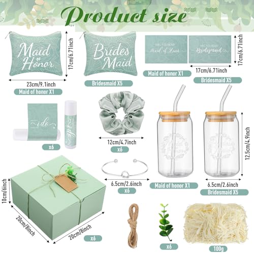 FillTouch 54 Pcs Bridesmaid Proposal Gifts, Maid of Honor Gift Include Wedding Gift Box Makeup Bag Invited Card Glass Cup Lip Balm Scrunchie Bracelet for Bridal Shower Bachelorette Party(Green) - Image 3