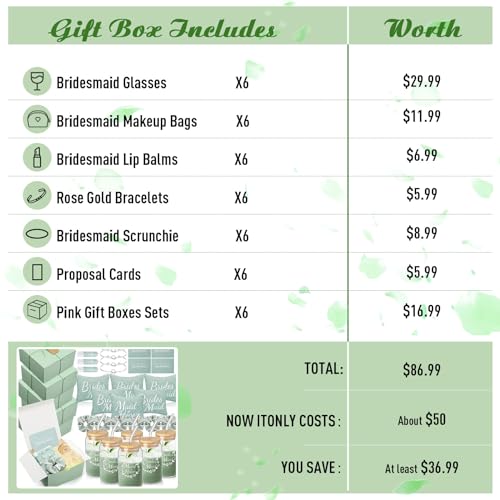 FillTouch 54 Pcs Bridesmaid Proposal Gifts, Maid of Honor Gift Include Wedding Gift Box Makeup Bag Invited Card Glass Cup Lip Balm Scrunchie Bracelet for Bridal Shower Bachelorette Party(Green) - Image 2