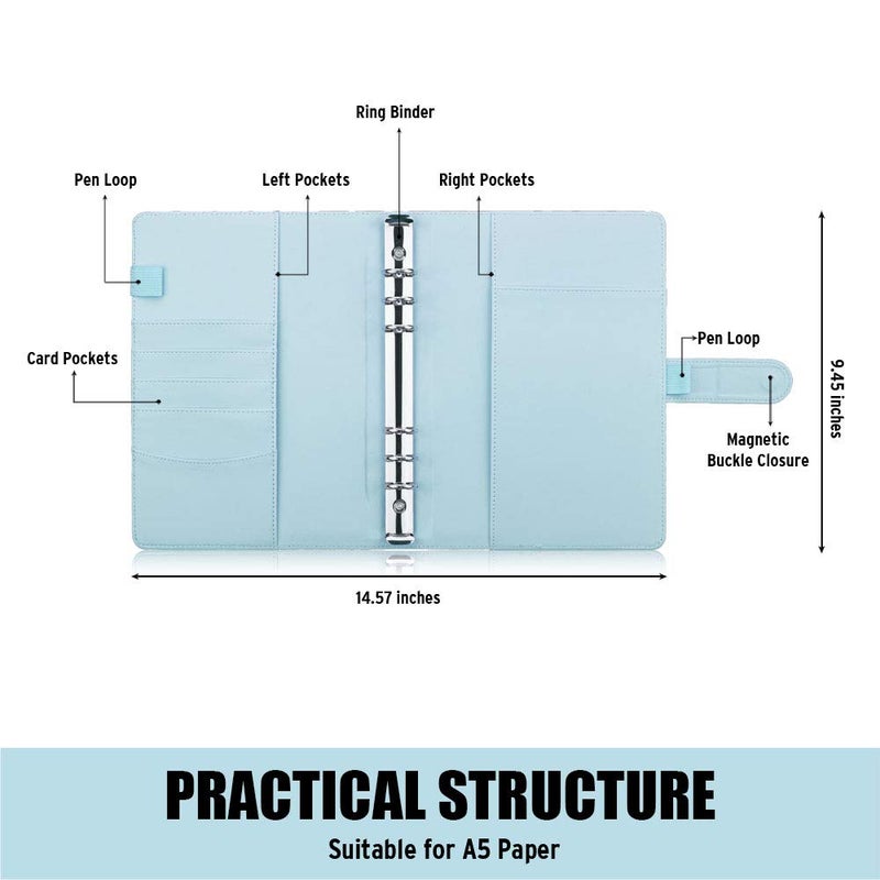 Sooez A5 Notebook Photocard Binder, 6 Budget Binder Ring Planner, Stylish Loose Leaf Personal Organizer Binder Cover with Magnetic Buckle, PU Leather Binder Women with Macaron Colors (Mint Blue) - Image 2