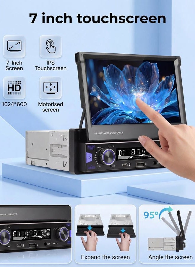 KYNNT Wireless Carplay Single Din Car Stereo Touchscreen Android Auto, 7‘' Flip Out Screen Car Stereo with Bluetooth Car Audio Receivers, FM/AMRadio, Backup Camera/Mirror Link/USB/AUX/Type-C Fast Charging - Image 3