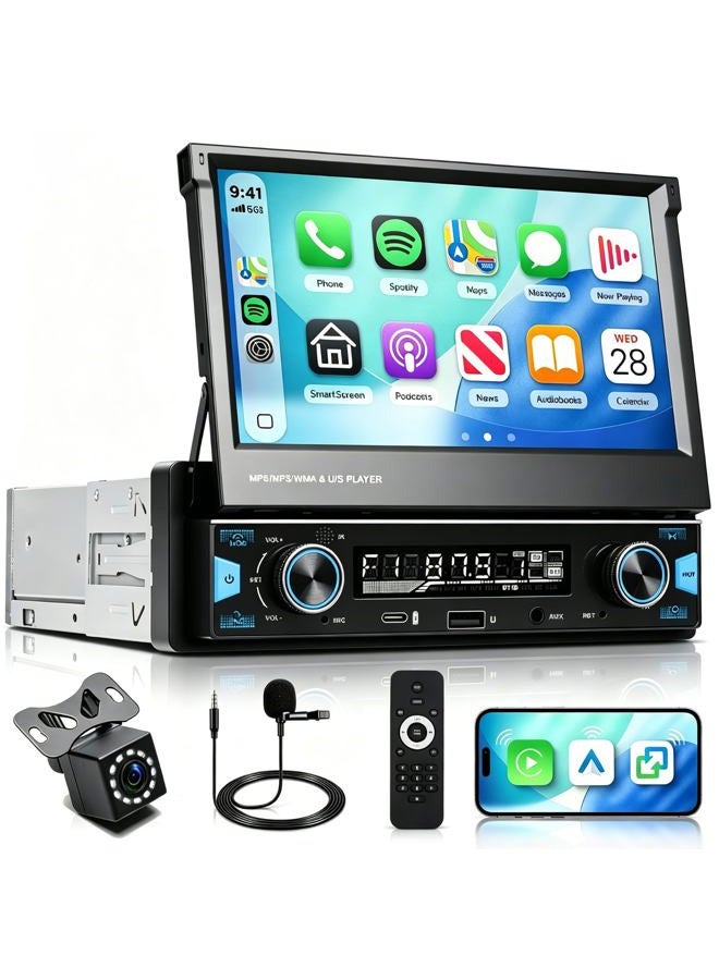 KYNNT Wireless Carplay Single Din Car Stereo Touchscreen Android Auto, 7‘' Flip Out Screen Car Stereo with Bluetooth Car Audio Receivers, FM/AMRadio, Backup Camera/Mirror Link/USB/AUX/Type-C Fast Charging - Image 1