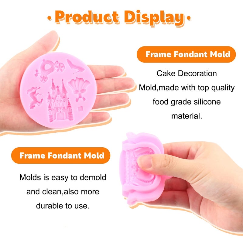 RFGHAC Picture Frames Silicone Mold Cinderella Fondant Mold Baroque Photo Frame Crown Castle Princess Dress Crystal Shoes Molds For Cake Decoration Cupcake Topper Candy Chocolate Gum Paste Set Of 4 - Image 2