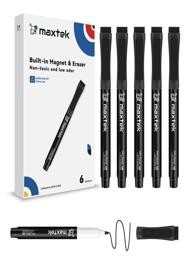 maxtek Dry Erase Markers Ultra Fine Tip Magnetic Black with Eraser, 0.7mm Extra Fine Point Thin Dry Erase Markers for Planning Whiteboard, Calendar Boards, 6 Count, Low Odor - Image 1