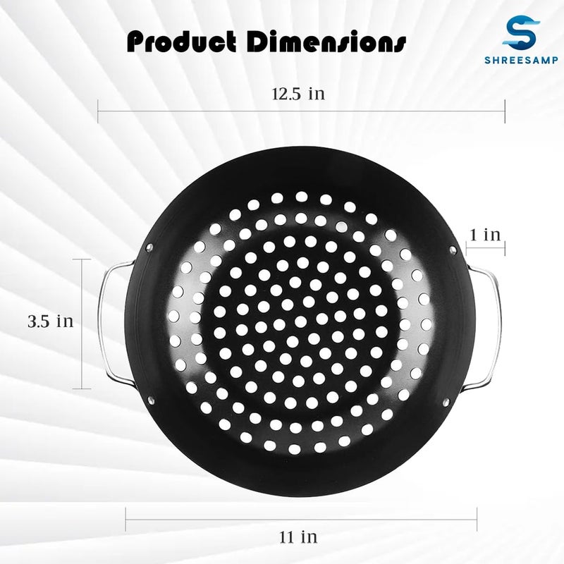 SHREESAMP SHREESAMP Barbecue Nonstick Mini Round Wok Topper, Black Vegetable Grill Baking Serving Tray For Vegetable Grill Kabob Frying Pan Pizza Bakeware Round Plate BBQ Gas Grill Oven Metal Plate (30x28x7 CM)  - Image 2