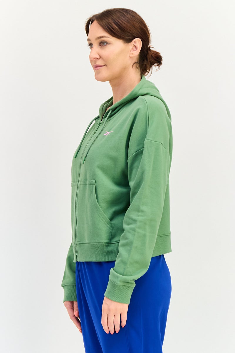 Reebok سويت شيرت رياضي نسائي بليزر طويل الأكمام مع غطاء رأس، أخضر - Image 2