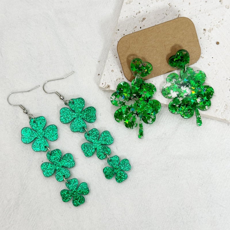 HTH St Patricks Day Earrings Sparky Green Four Leaf Hat Shamrock Danlge Earrings for Women Irish Holiday Gift - Image 3