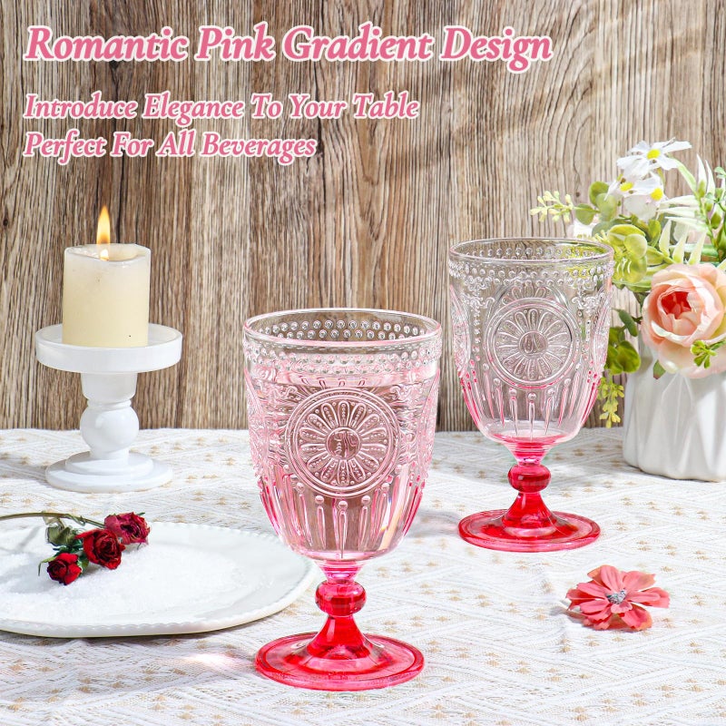 XUWAIDSGN 12Pcs Plastic Vintage Wine Glasses 13.5oz Reusable Embossed Goblet Glasses Pink Gradient Retro Wine Glassware Unbreakable Stemmed Champagne Water Cups for Wine Cocktail Juice Wedding - Image 2