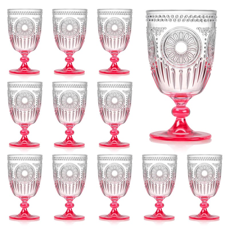 XUWAIDSGN 12Pcs Plastic Vintage Wine Glasses 13.5oz Reusable Embossed Goblet Glasses Pink Gradient Retro Wine Glassware Unbreakable Stemmed Champagne Water Cups for Wine Cocktail Juice Wedding - Image 1