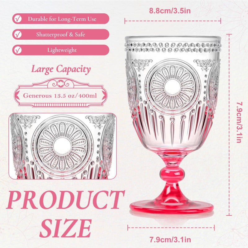 XUWAIDSGN 12Pcs Plastic Vintage Wine Glasses 13.5oz Reusable Embossed Goblet Glasses Pink Gradient Retro Wine Glassware Unbreakable Stemmed Champagne Water Cups for Wine Cocktail Juice Wedding - Image 4
